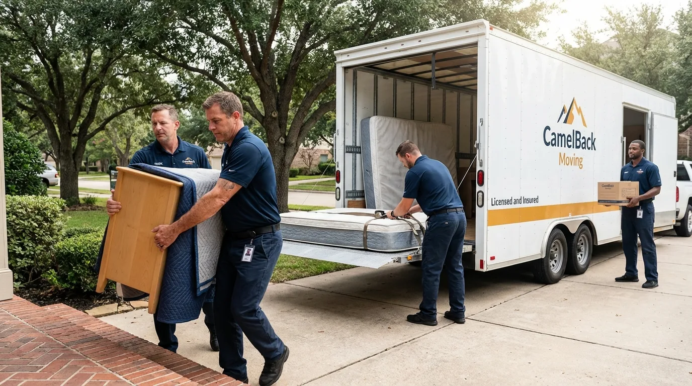 Crew loading residential truck for cross-state move from Anton, TX