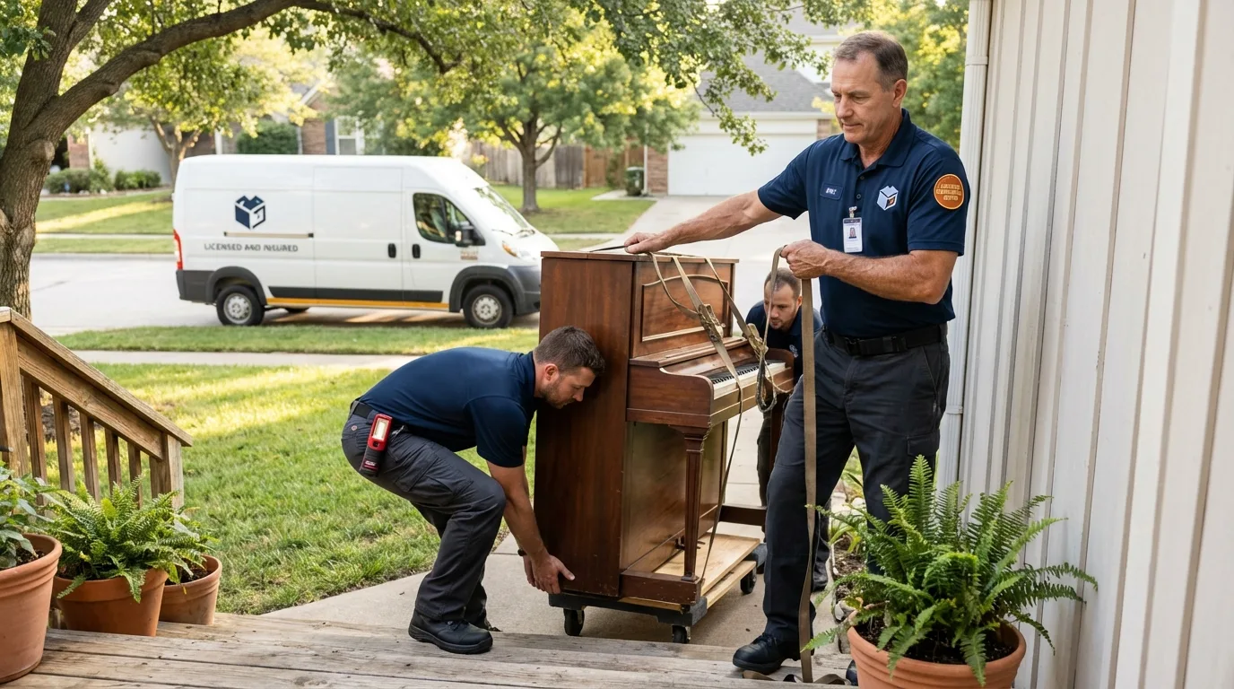 Licensed piano movers securing grand piano in Anton, TX