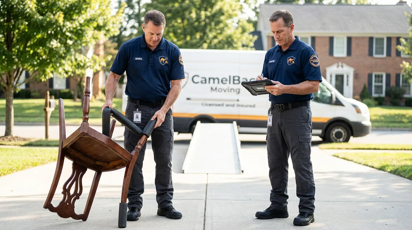 Movers inspecting furniture for damage prevention before loading in Anton, TX