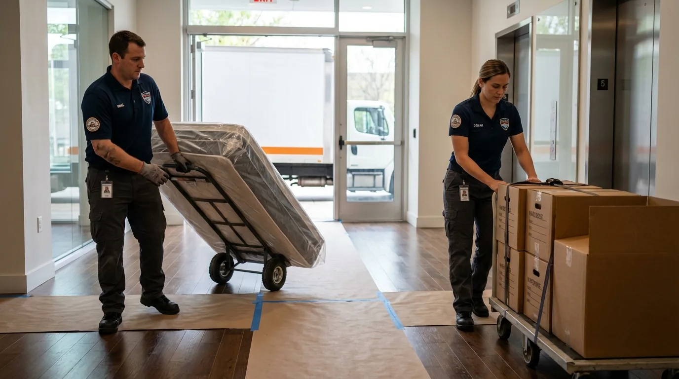 Professional apartment movers loading elevator in Anton, TX