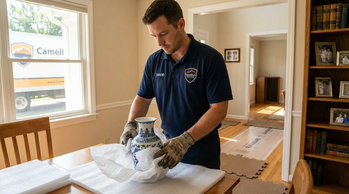 Professional crew carefully wrapping antique vase for senior downsizing move in Anton, TX